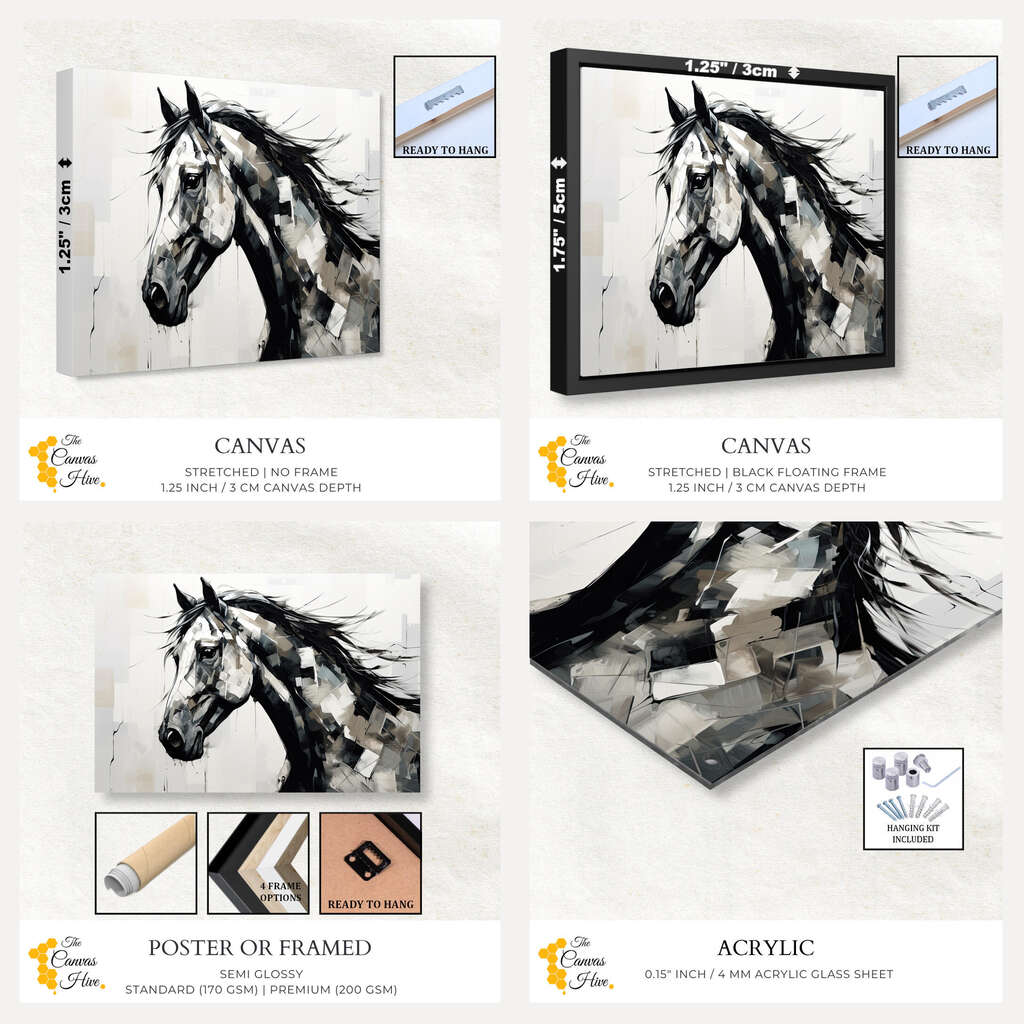 Abstract Horse Art Black & White | Animals Wall Art Prints - The Canvas Hive
