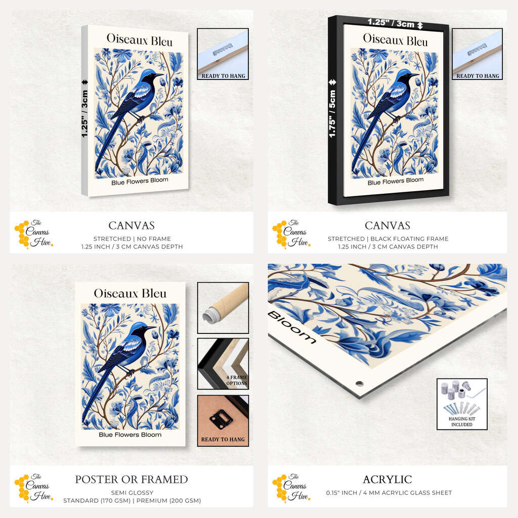 Blue Birds Floral Delight | Minimalist Wall Art Prints - The Canvas Hive
