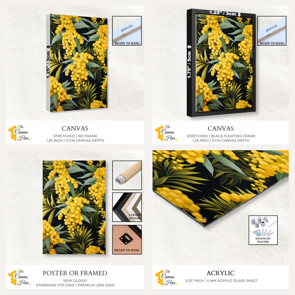 Botanical Beauty: Wattle Print Black Background | Australiana Wall Art Prints - The Canvas Hive