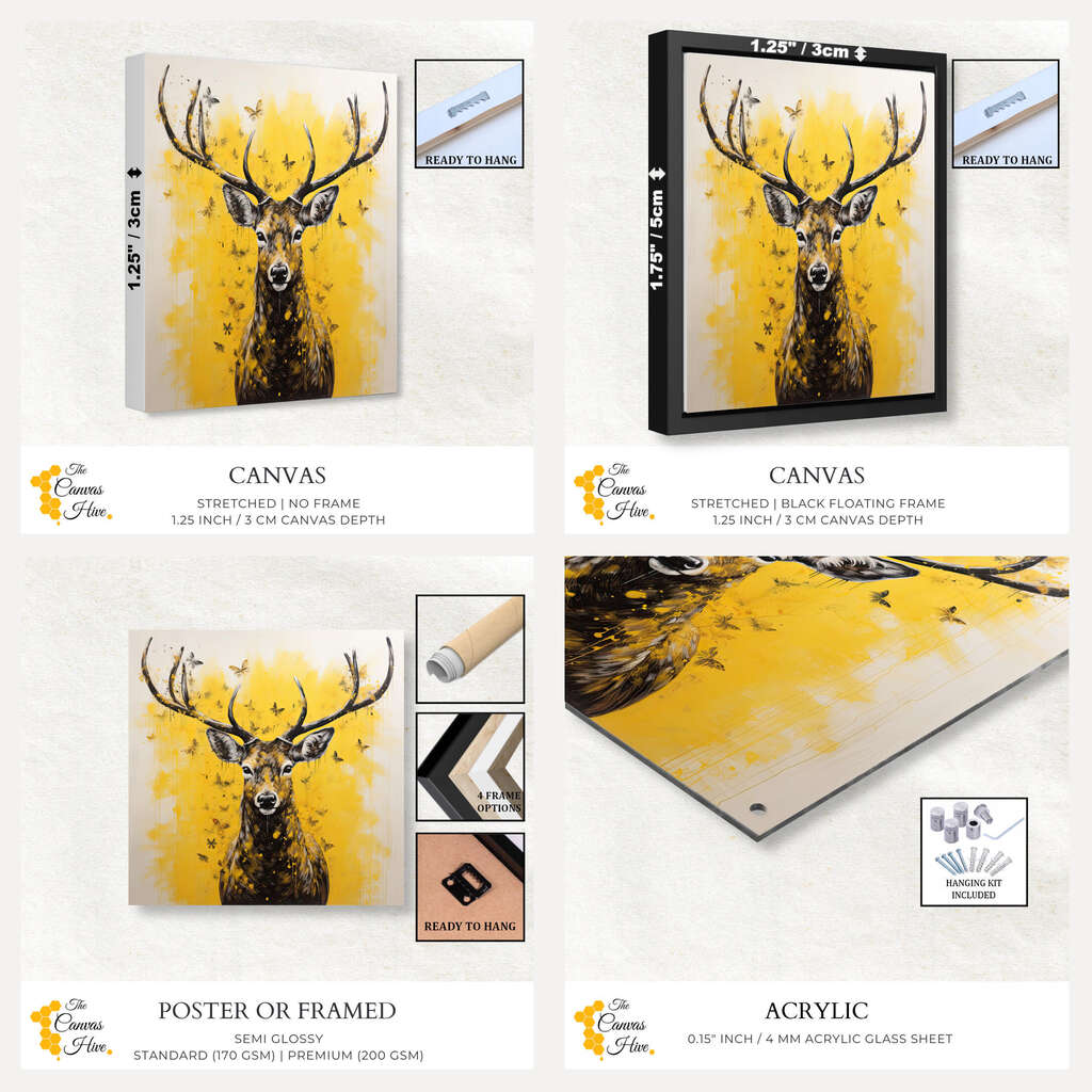 Contemporary Deer Yellow Splash Backdrop | Animals Wall Art Prints - The Canvas Hive