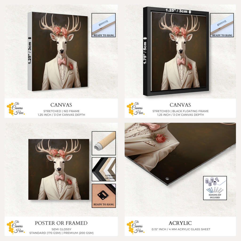 Deer in Suit with Flowers | Animals Wall Art Prints - The Canvas Hive