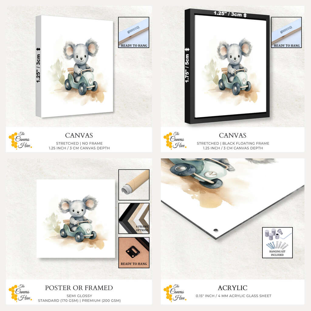 Driving Koala | Nursery Wall Art Prints - The Canvas Hive