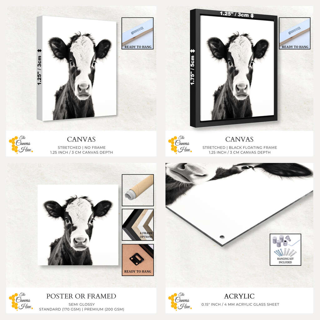 Farm Baby Animal Cow Black & White | Nursery Wall Art Prints - The Canvas Hive