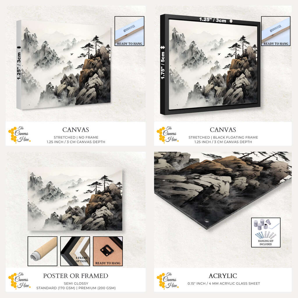 Foggy Mountain Serenity Sumi E | Japanese Wall Art Prints - The Canvas Hive
