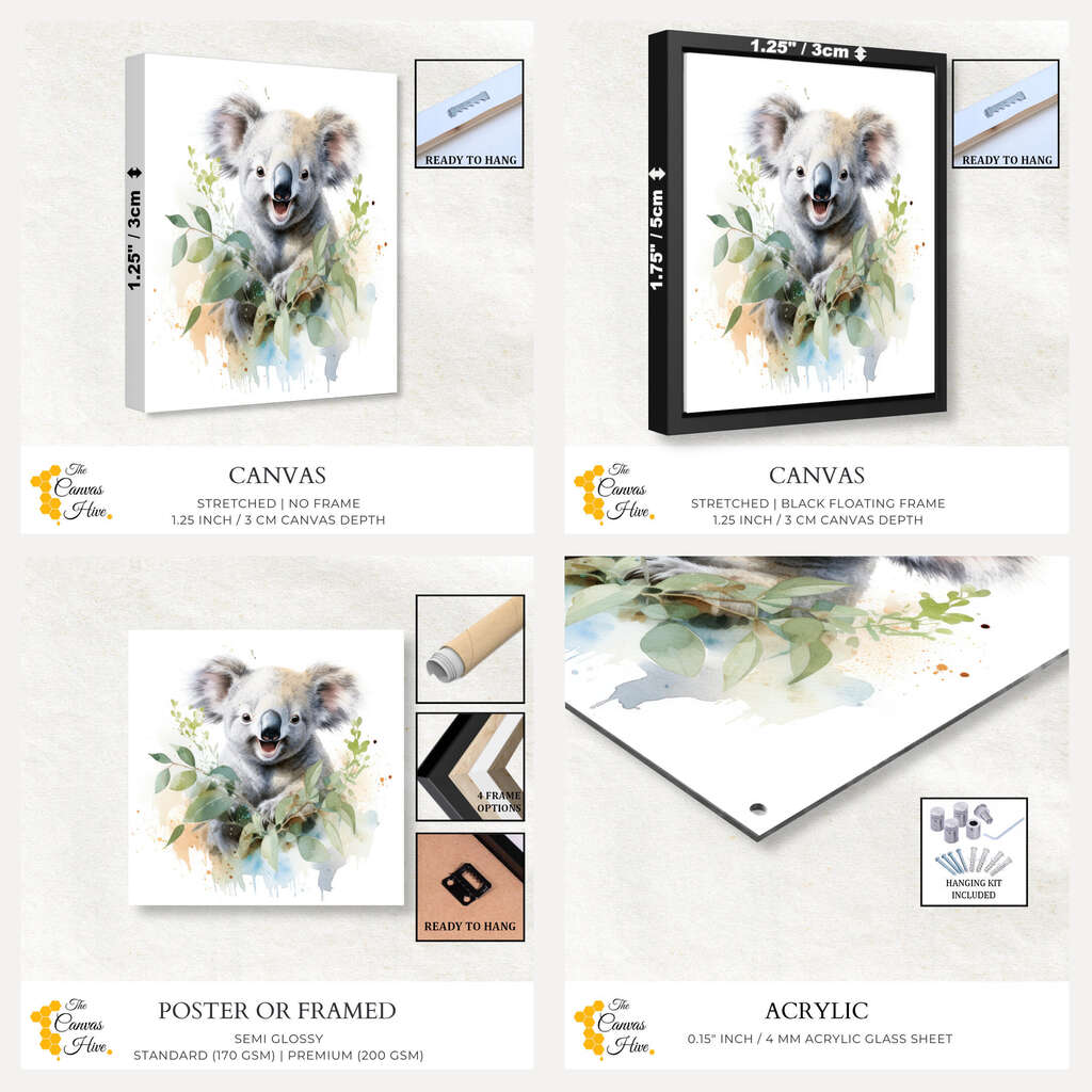 Koala Smiling Water Colour | Australiana Wall Art Prints - The Canvas Hive
