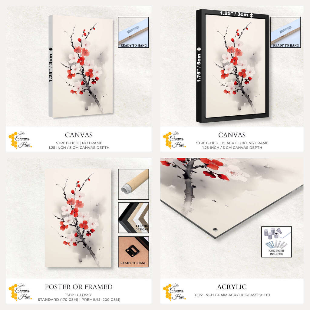 Red Blooming Branch Sumi E | Japanese Wall Art Prints - The Canvas Hive