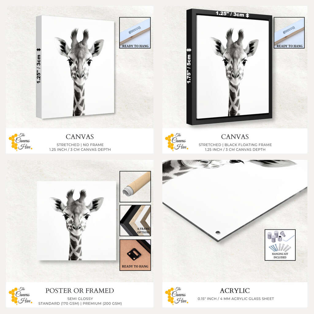 Safari Baby Animal Giraffe Black & White | Nursery Wall Art Prints - The Canvas Hive