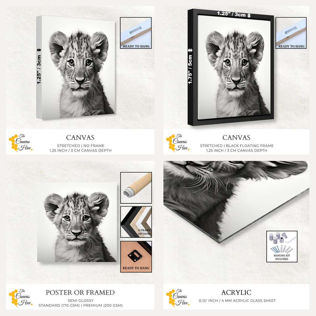 Safari Baby Lion Cub Giraffe Black & White | Nursery Wall Art Prints - The Canvas Hive
