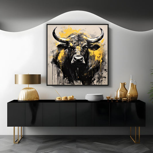 Black Bull in Mustard and Charcoal | Animals Wall Art Prints - The Canvas Hive